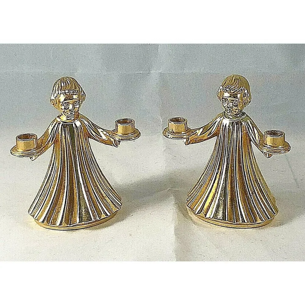 2 Angel Figurine‎ Candle Holders Silver Plate & Gold Christmas Italy